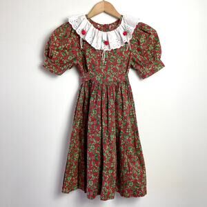 Vintage Handmade Floral Puff Sleeve Dress Girls 6‎ Lace Collar Christmas Cottage